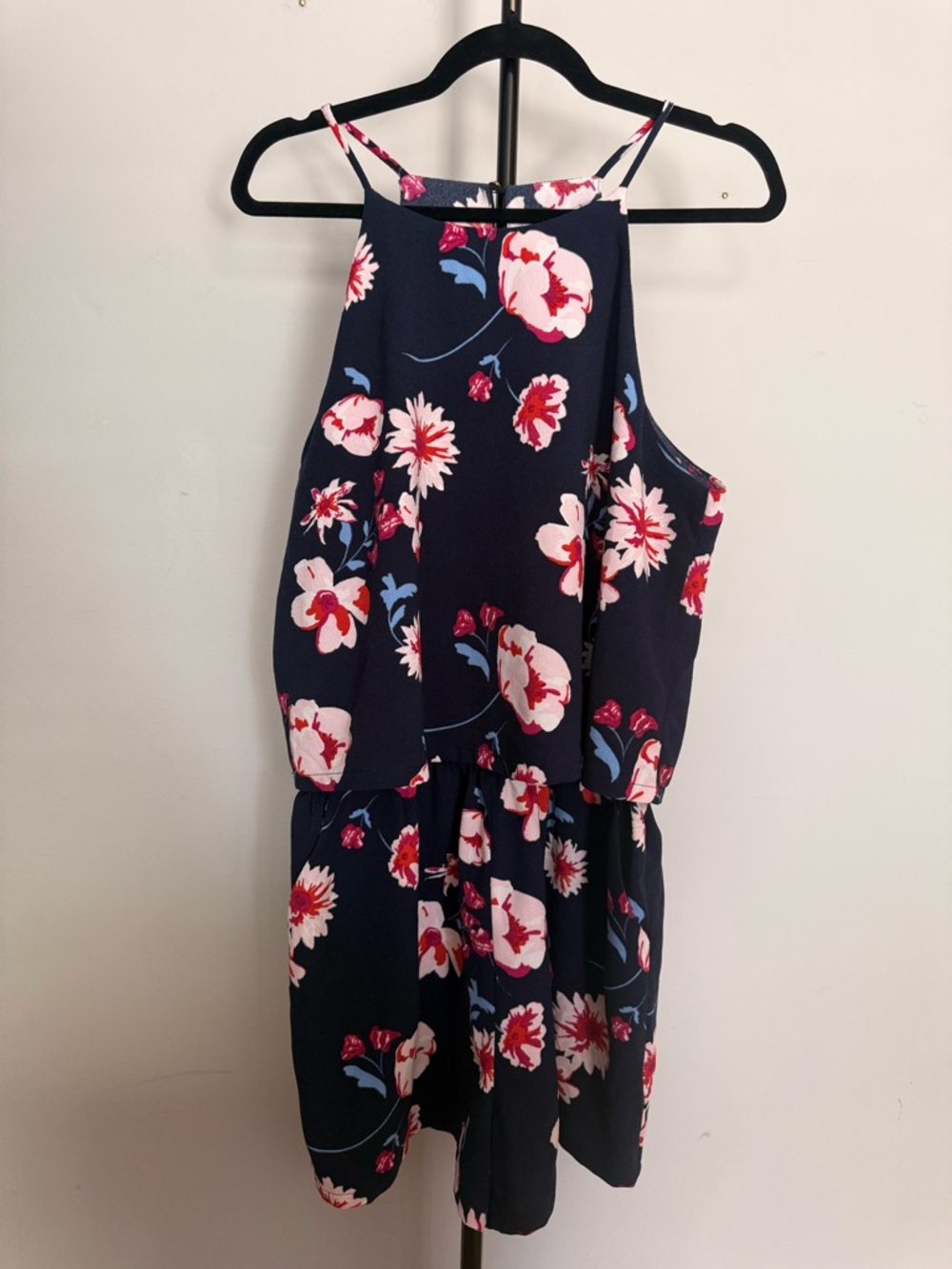Mudpie Navy Floral Halter Romper with Pink & White Flowers